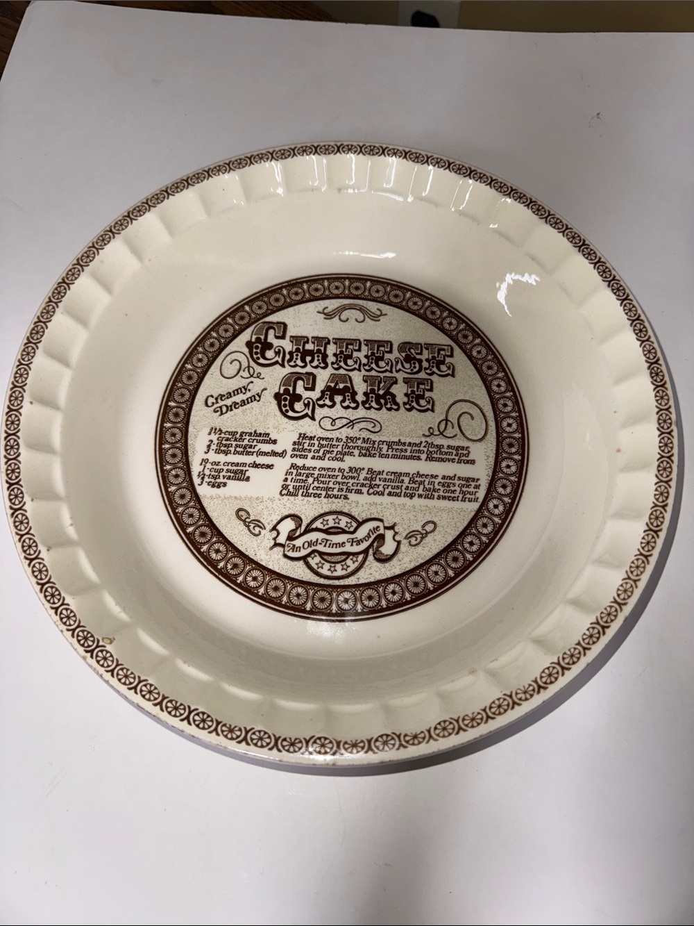 Royal China By Jeanette USA Cheese Cake Recipe 11” Ceramic Pie Pan
